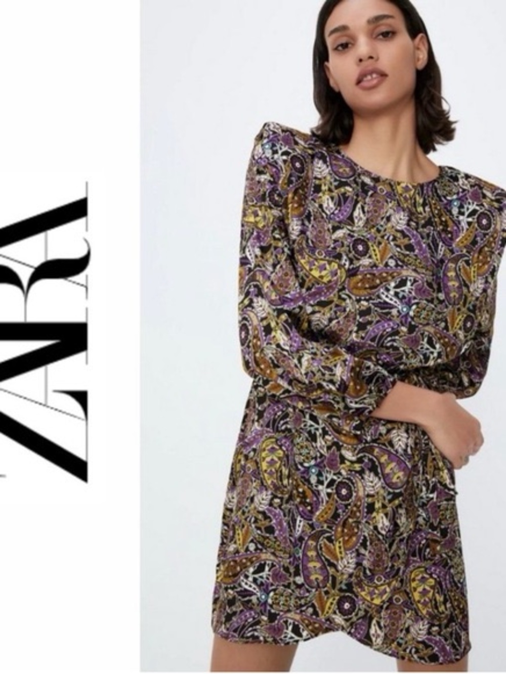 ZARA Multicolored paisley Print Long Sleeve Mini Dress shoulder pads Size XS